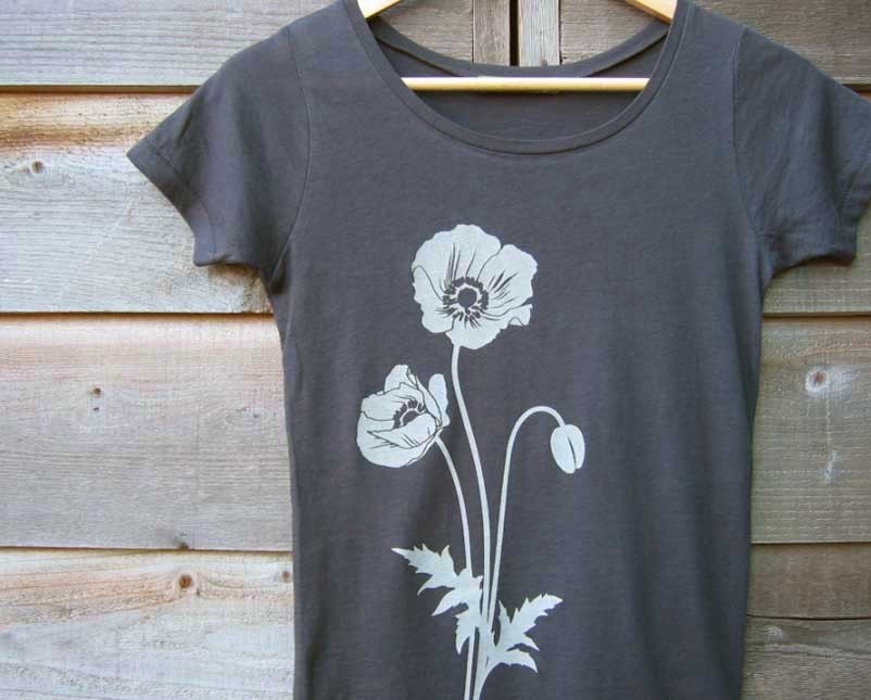 Organic Cotton T-shirt with Poppies - Women's Scoop Neck Grey