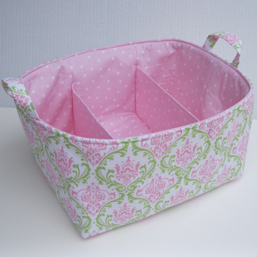 Diaper Caddy - Storage Container Organizer Bin Basket - Large Size -  Separators - 3 Compartments  - Pink Green Damask Fabric