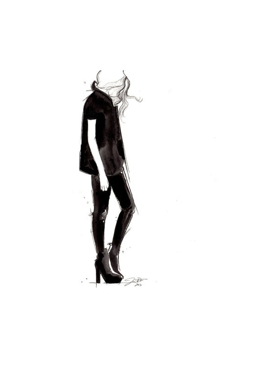 Print from original watercolor and pen fashion illustration by Jessica Durrant, titled Black on Black