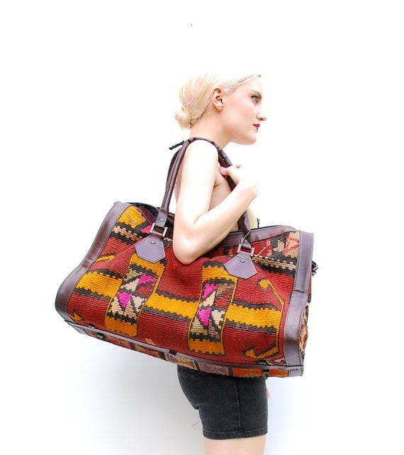 Vintage Turkish Kilim Weekender Bag - Navajo Weekender - Oversized Leather Bag - Woven Southwestern Tapestry Bag