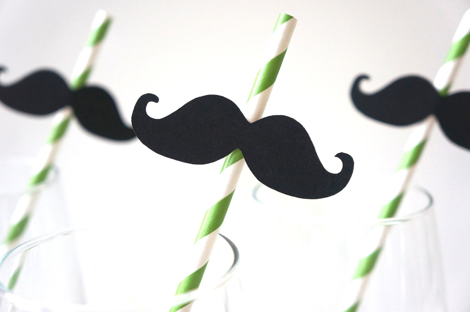 SALE - Photo Booth Props - Mustache Straw Photo Props - Set of 5 - Mustaches on KELLY GREEN Striped Paper Straws