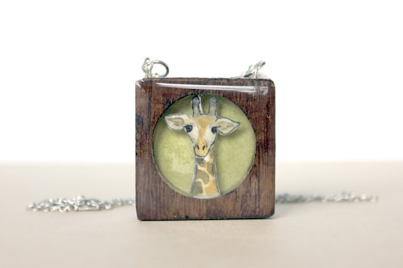 green giraffe necklace- hand made painted wooden necklace- summer fashion - Giraffe in wood