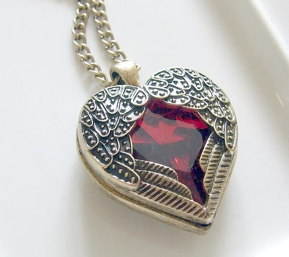 Angel Wing Heart Necklace with Ruby Red Glass Jewel