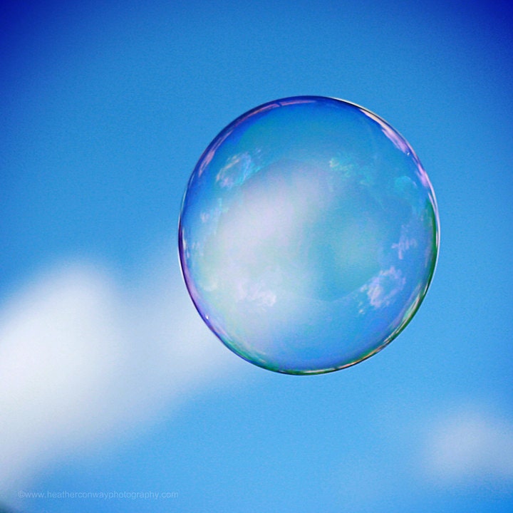 Single Floating Bubble, Bright Clear Blue Spring Sky, signed 8x8 print - Fine Art Photography Wall Decor
