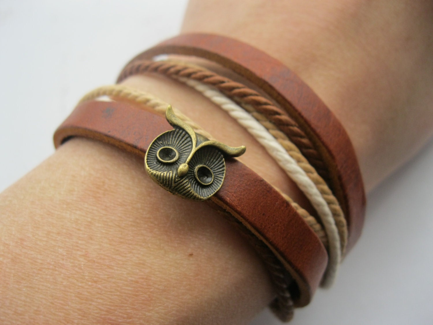 Bracelet-antique bronze owl real leather bracelet,real leather bracelet