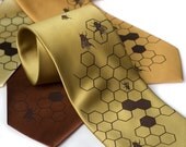 Silkscreened men's necktie, "Oh Honey" beehive tie, chocolate brown ink. Microfiber.