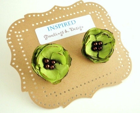 FABRIC FLOWER EARRINGS Chartreuse, Mothers Day Gift, Stud Post, Tiny Small Beads, Olive Green Lime, Wedding Bridal Gift for Her