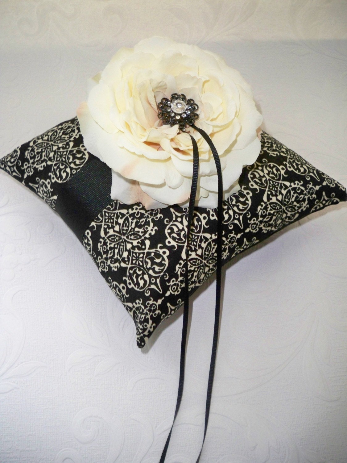 Black and Ivory Damask Wedding Ring Pillow With A Crystal Rhinestone Open 