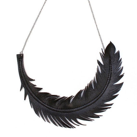 Feather Necklace, Black Leather Feather Jewelry, "RAVEN" Statement Necklace by Loveatfirstblush