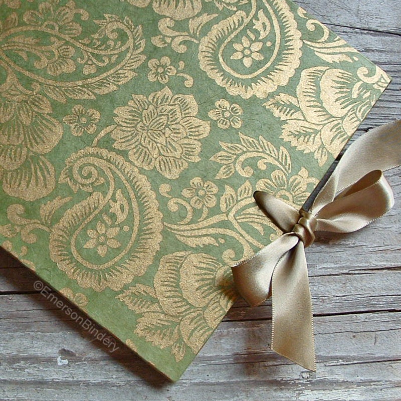 Wedding Guest Book Moss Green and Gold Paisley LARGE 9x7 MADE to ORDER