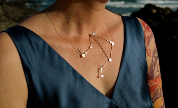 Libra Zodiac Constellation Sterling Silver Necklace on Rubber Cord
