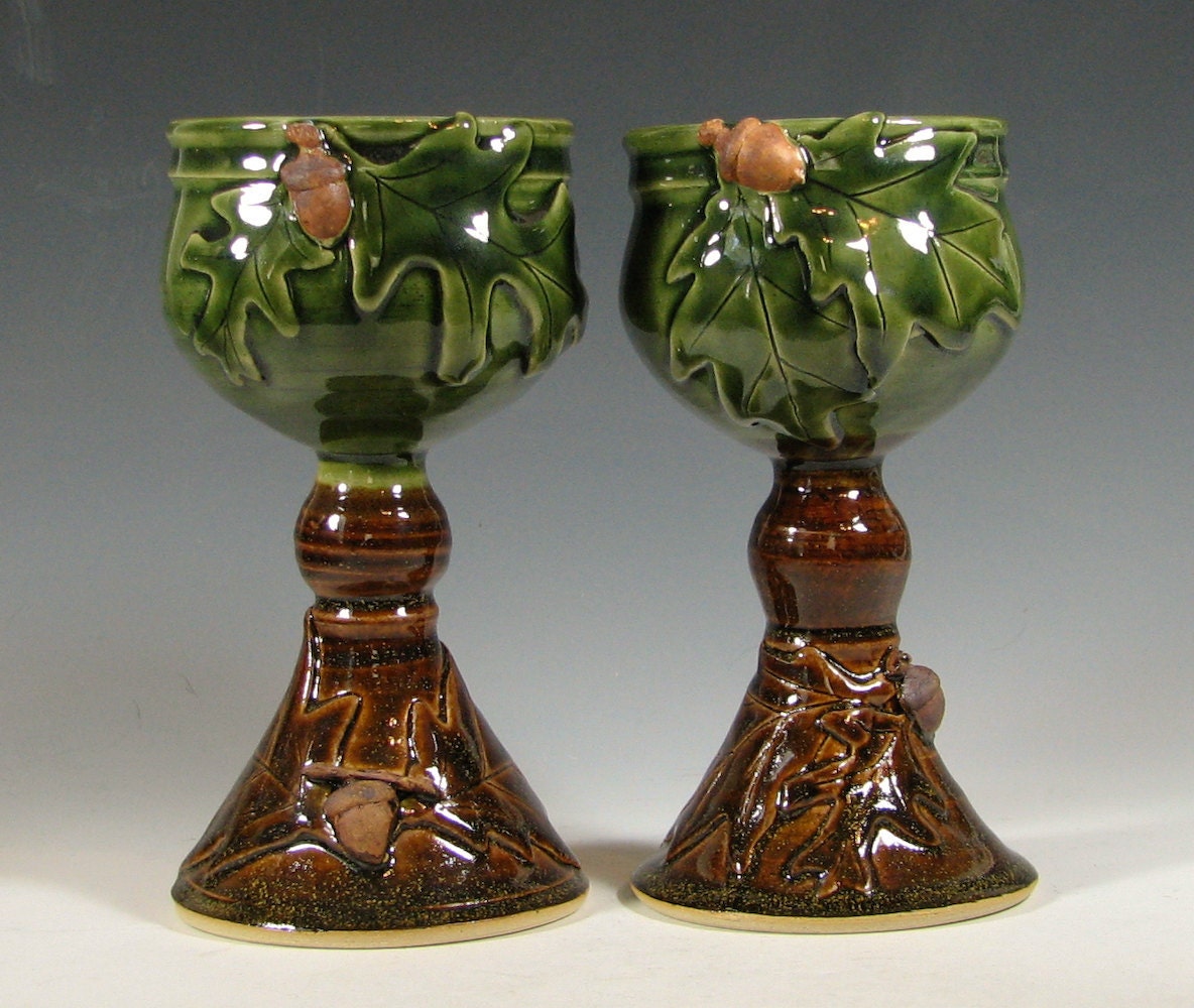 Wine goblet ceramic, oak leaf acorn chalice, wedding toasting set, caramel brown and green, handmade by hughes pottery