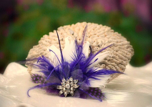 Hair Comb or Clip Royal Purple Ivory Black White Feathers Rhinestone 